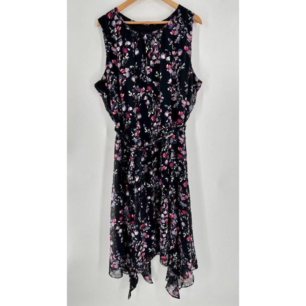 Lane Bryant Women's 26 Floral Black Pink Sleeveless Dress Handkerchief Hem